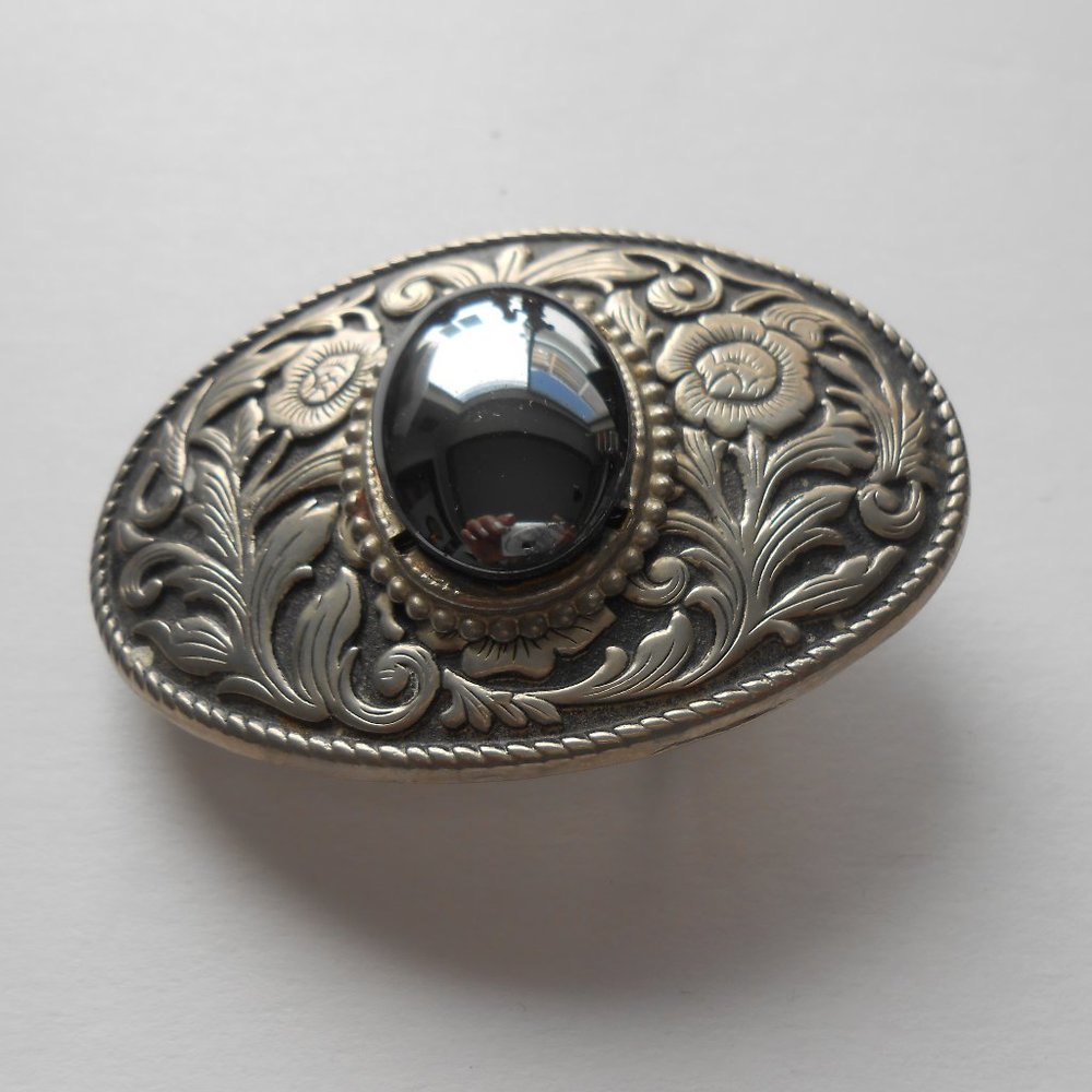 Western Style Silver-Black Belt Buckle with Black-Grey Stone